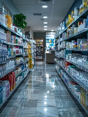 Wide Shot of Modern Drugstore Interior with Clear Signage and Organized Aisles