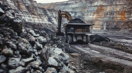 A yellow mining truck navigates a rocky mine with workers in work clothes. Grey cliffs form the background. The truck is loaded, suggesting coal mining activities.