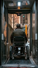 A man in a wheelchair on a lift at the back of a silver van, with snow on the ground. Quiet ambiance with traffic lights, streetlights, and a yellow sign on a concrete wall.