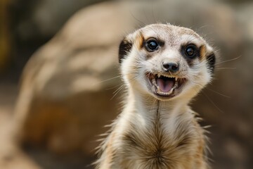 Fototapeta premium An enchanting meerkat standing upright against a rock, showcasing its alert expression in a natural setting.