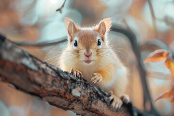 A lively squirrel perched on a tree branch, staring attentively at the camera in a forest setting with autumn leaves.