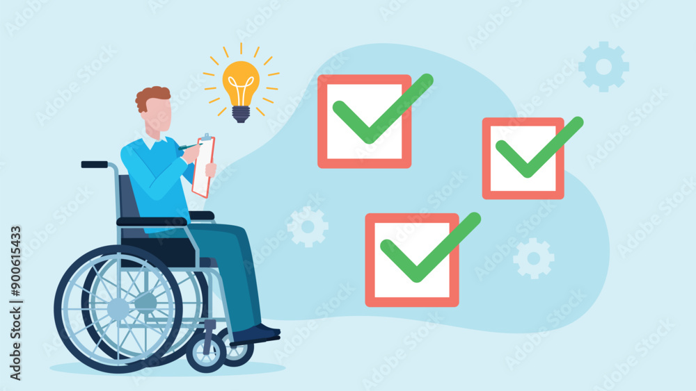 Poster a businessman in a wheelchair holds a notebook and fills out a questionnaire. there is a light bulb 
