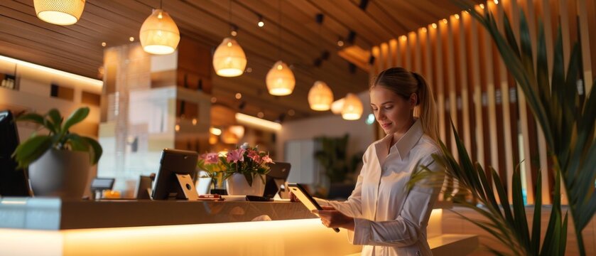 A woman in a white shirt at a modern hotel reception with potted plants, holding a credit card, with a computer screen and iPads on the counter. Yellow lighting adds ambiance.