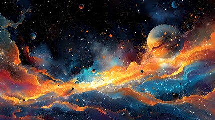 Fototapeta premium Cosmic Fiber Arts Studio in Weightless Orbital Weaving Amidst Vibrant Celestial Nebulae and Galactic Formations