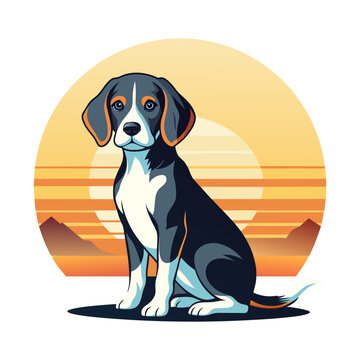 recommend clip art: A dog sits in front of a sunset background