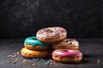 multicolored sprinkled donuts on dark stone background.