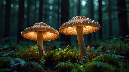 Fototapeta premium Iridescent Mushrooms Shine Under Soft Forest Light in Enchanted Woodland at Dusk