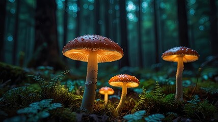 Fototapeta premium Ethereal Mushrooms Illuminate the Forest Floor During Twilight Ambiance