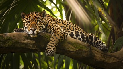 jaguar lounging on a tree branch in the rainforest canopy