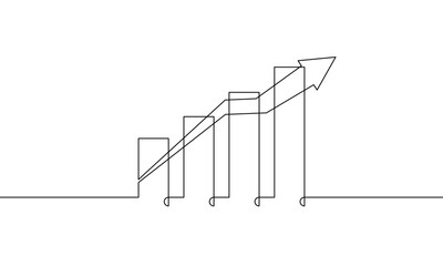 Continuous line drawing of increasing arrow up with graph. Illustration vector of business growth icon flat. Single line art of bar chart. object one line sign symbol 