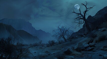 Mountain landscape at night with a full moon shining over a misty forest and distant hills