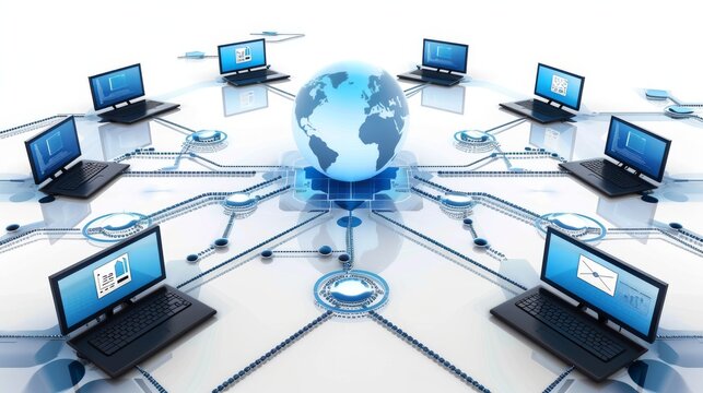 social network concept many laptops coneccted with each ather and betwin the wiring conected too the planet 