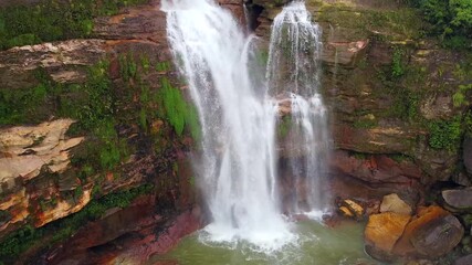 Aerial view of meghalaya dainthlen falls in India. The beautiful landscape view of east khasi hills cherrapunji mawsynram reserve forest in meghalaya India.