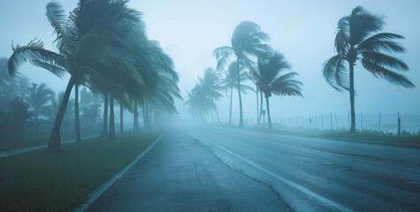 Slightly foggy and windy palm trees blowing in the wind on coastal road during hurricane