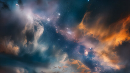 Beautiful night sky view and clouds with stars on galaxy background. Beautiful noctilucent cloud formations in night sky with Milky Way in the background.
