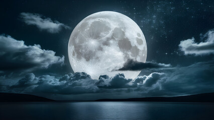 Fototapeta premium Night sky with blue moon in the clouds over the calm blue sea. Silhouette of the grass against full moon. the shadow of the full moon on surface of water.