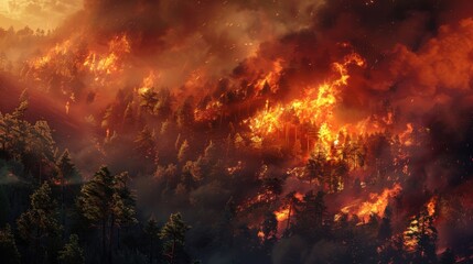 A wildfire engulfs a forest, fierce flames illuminating the smoke-filled sky as trees succumb to the advancing fire