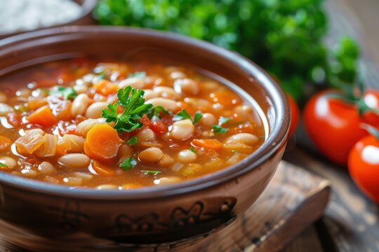 A bowl of fasolada, a traditional Greek bean soup with tomatoes, carrots, celery, and olive oil, garnished with parsley