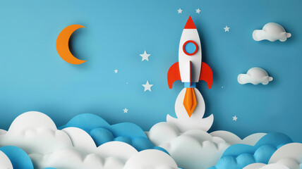 Cute Rocket with Stars and Clouds