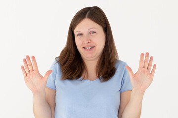 No, everything fine really. Intense worried and nervous cute female in blue t-shirt, stopping...
