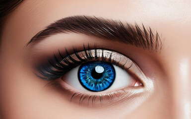 Fototapeta premium Mesmerizing Blue Eye: Close-up with Smooth Skin and Elegant Eyebrow Styling, Featuring Fine Details and Natural Beauty