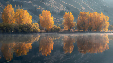 Early morning light illuminates the Wanaka trees, creating a stunning reflection on the still waters of Lake Wanaka
