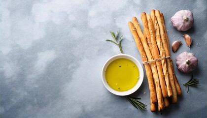 Breadsticks with garlic and olive oil, top view, copy space, generative AI