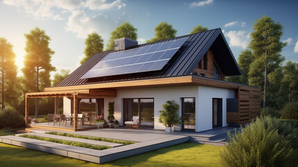 Obraz premium Modern Eco Friendly House with Solar Panels and Wooden Deck in a Green Forest Setting