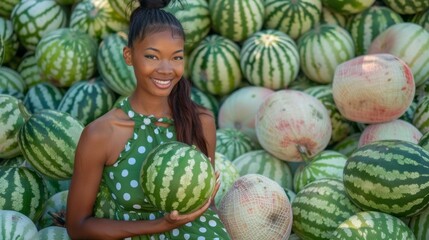 Fototapeta premium A woman is holding a watermelon in front of a pile of watermelons