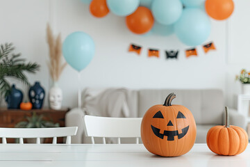 Obraz premium A Halloween party scene with pumpkins, balloons, and festive decorations