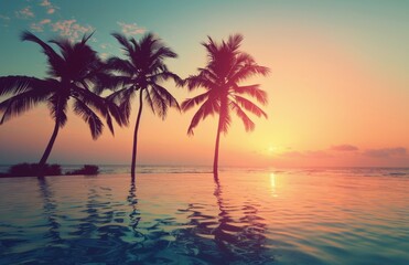 Palm Trees at Sunset by Pool