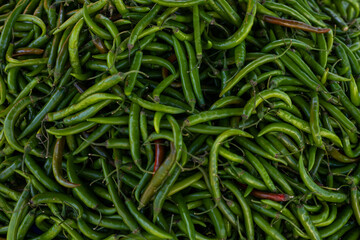 Many green and red hot chili peppers 
