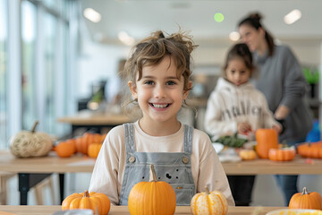 Fototapeta premium Halloween crafts workshop with kids and parents making decorations and costumes