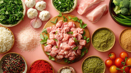 Top view of fresh ingredients for cooking on a pink background, including diced meat, garlic, onions, tomatoes, herbs, and spices, arranged in a vibrant and appetizing display