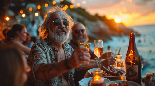Older man with beard raising a glass at sunset beach gathering, surrounded by friends, capturing a joyful and festive moment