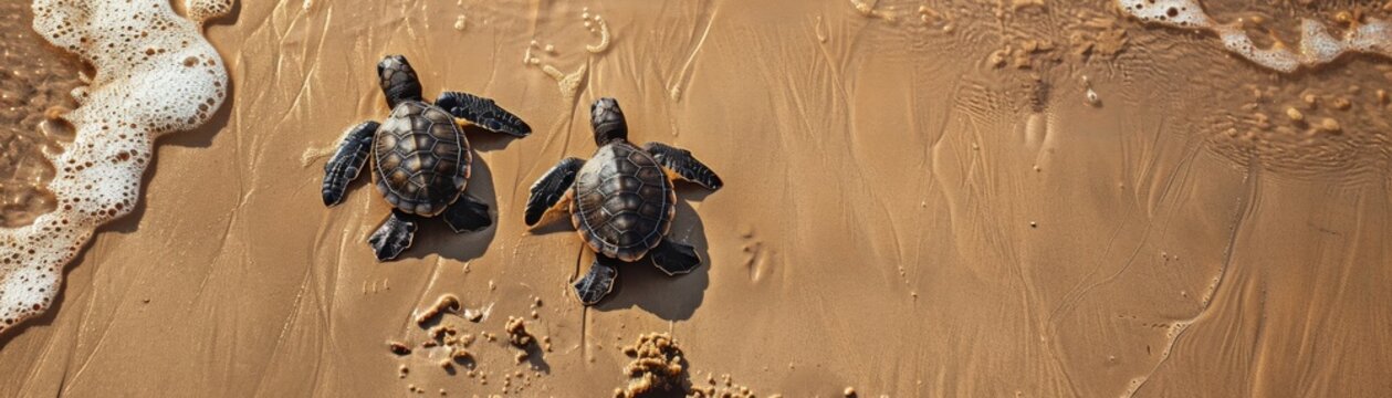 Two baby turtles are on the beach, one on the left and one on the right