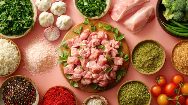 Top view of fresh ingredients for cooking on a pink background, including diced meat, garlic, onions, tomatoes, herbs, and spices, arranged in a vibrant and appetizing display