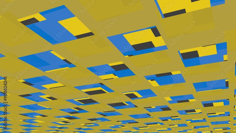 Poster yellow and blue geometric pattern with interlocking shapes.