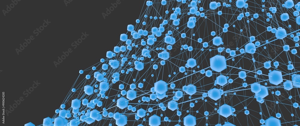 Poster cluster of blue dots forming a wave-like structure on a black background.