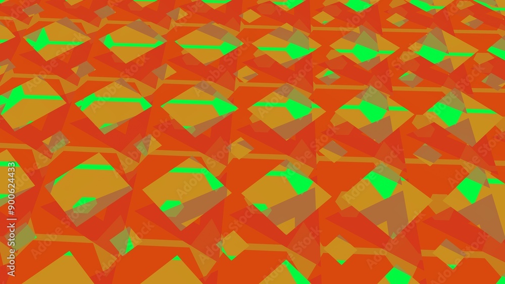 Poster bright green and orange overlapping hexagonal shapes in a geometric design.