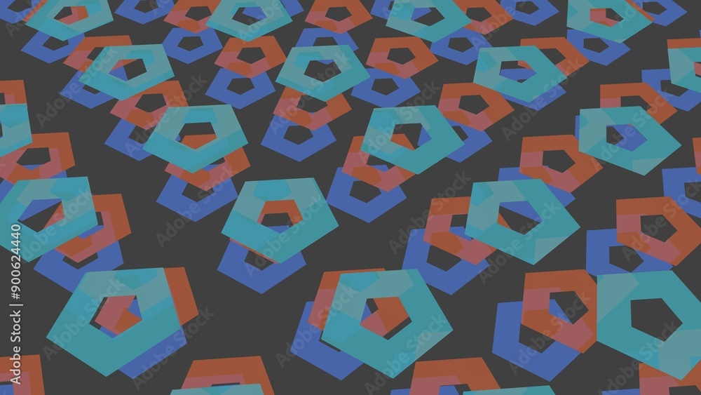 Poster red, blue, and gray hexagonal shapes creating a complex pattern.