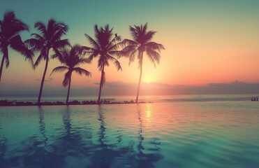 Obraz premium Palm Trees at Sunset by Pool