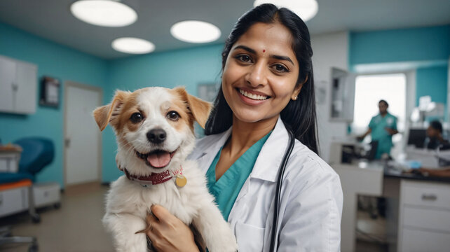 Smiling Indian veterinarian is examining cute dog at vet clinic. Pet healthcare, modern veterinary hospital