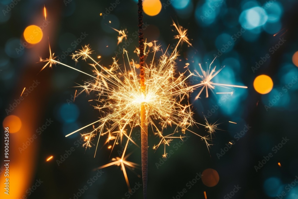 Poster close-up of a bright sparkler with vibrant bokeh lights in the background