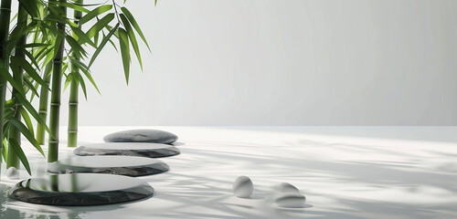 Obraz na płótnie Canvas Zen stones and bamboo. Zen, concept. Minimalist background. With space for text on a white, solid background
