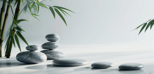 Zen stones and bamboo. Zen, concept. Minimalist background. With space for text on a white, solid background