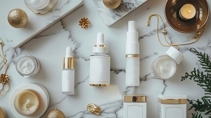 A chic flat lay of high-end skin care products with sleek packaging, luxury serums, and anti-aging creams, placed on a marble surface with gold jewelry accents