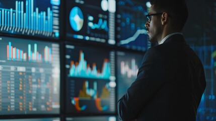 Businessman discussing financial opportunities with investment charts economic indicators