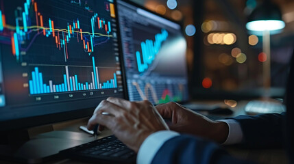 Fototapeta premium Businessman discussing financial data analysis in a crucial strategy session with investment graphs market insights