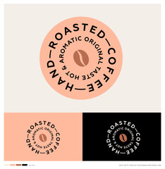 PrintHand Roasted Coffee logo. Coffee icon and letters in  pink circle. Sticker for Hot drink take away. 